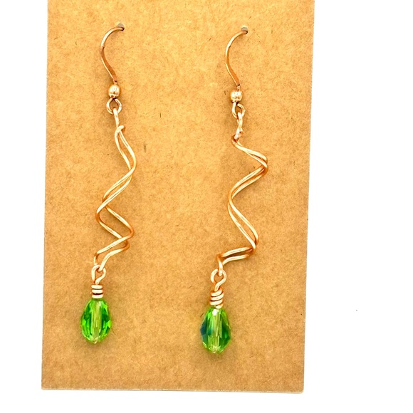 Hand Crafted Copper Twist Green Crystal Drop Earrings - Picture 1 of 8
